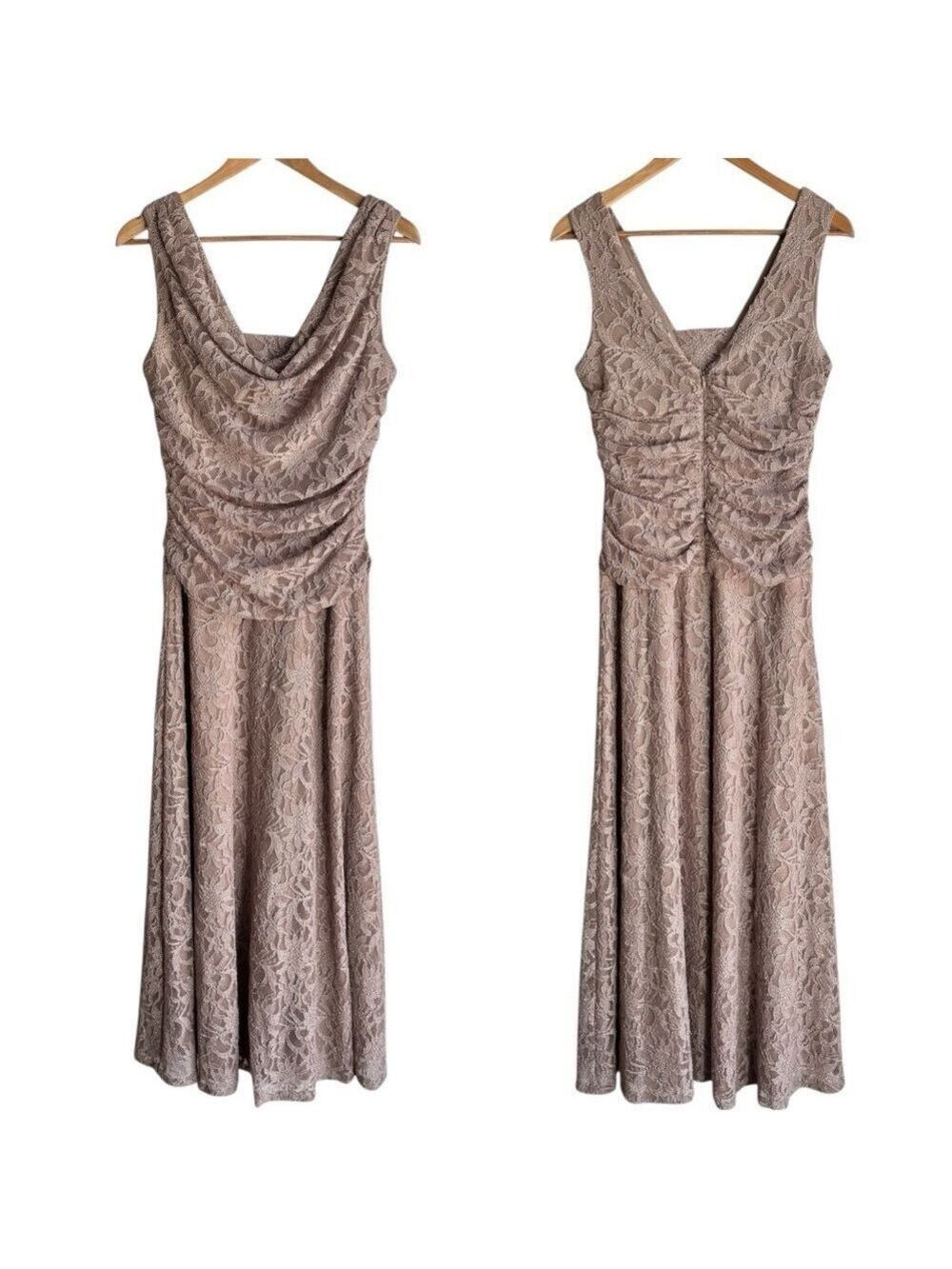 Nightway Sparkly Lace Evening Dress Sz 10 Mauve Maxi Sexy Ruching Party Gala EUC
